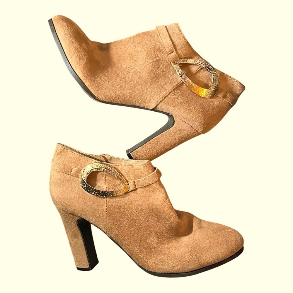 IMPO Odea camel tan brushed textile upper ankle boot gold outer detail 4” heel.